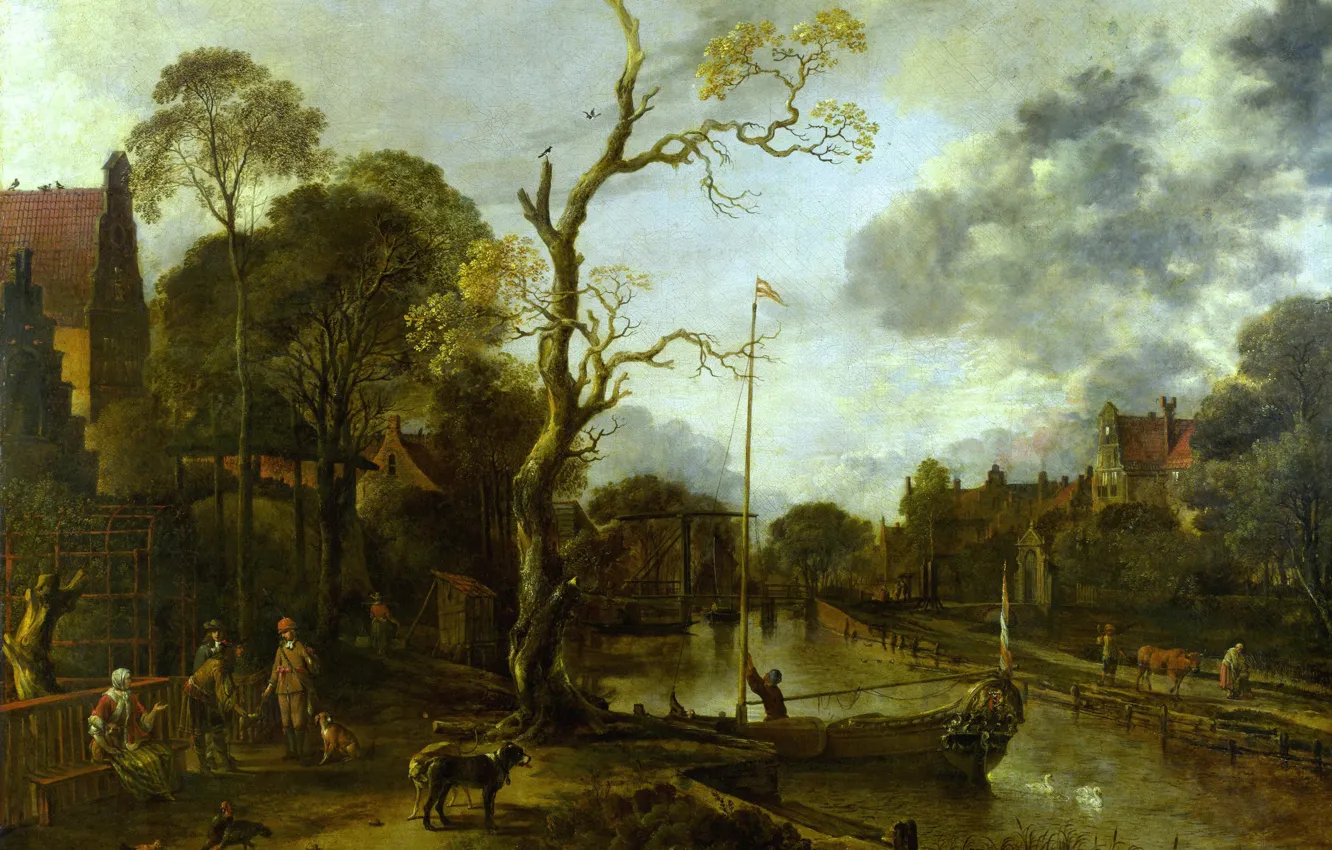 Photo wallpaper trees, landscape, picture, Art van der NEER, Aert van der Neer, Evening view of the …
