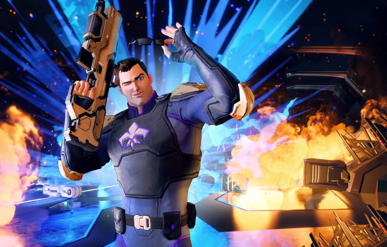 Photo wallpaper gun, game, weapon, man, crossover, rifle, Saints Row, Agents of Mayhem