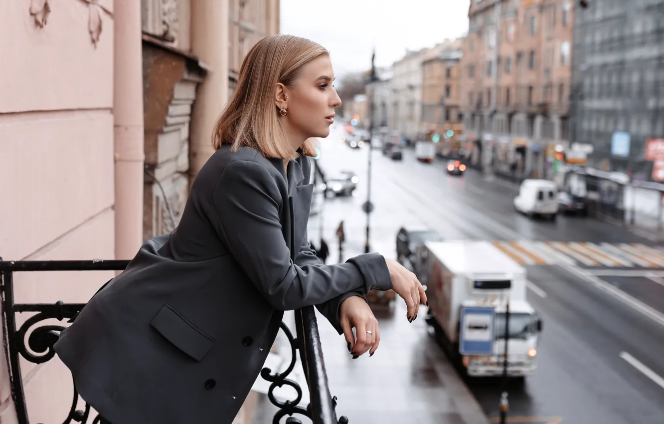 Photo wallpaper girl, street, blonde, profile, balcony, jacket, Anatoly Kirpichnikov