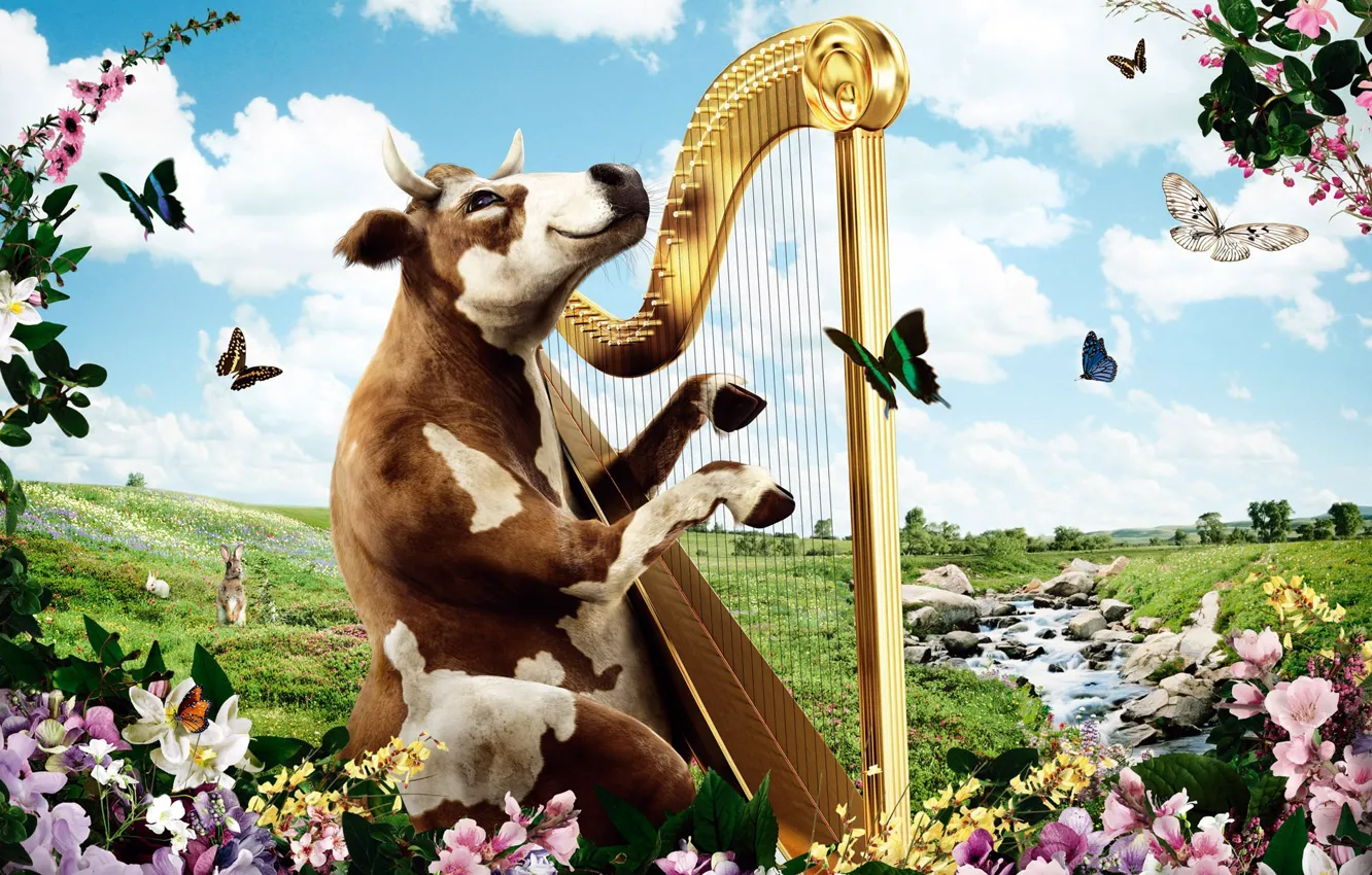 Photo wallpaper nature, cow, harp