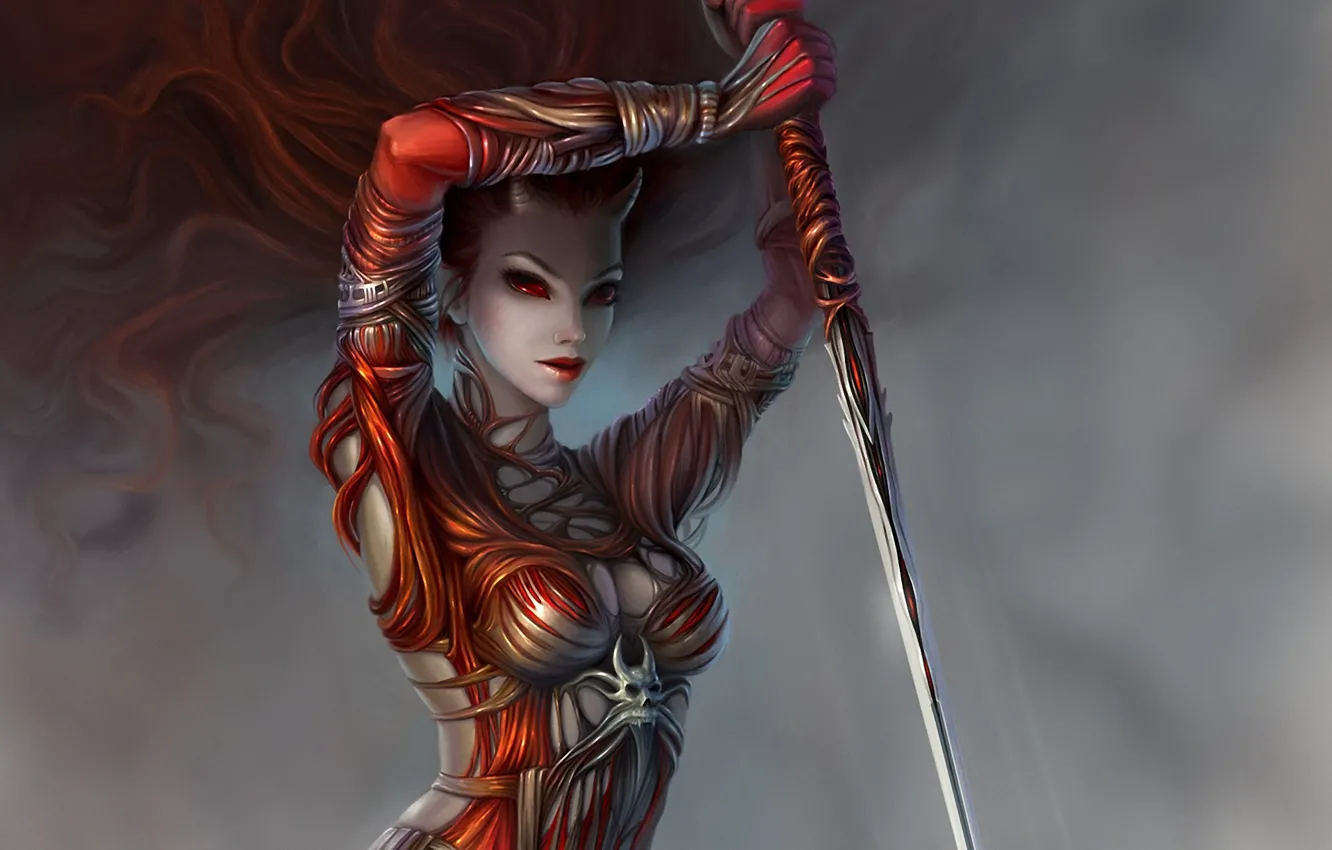 Photo wallpaper girl, weapons, art, horns, spear, red eyes, demoness