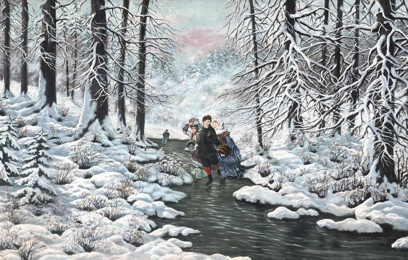 Photo wallpaper winter, forest, snow, ice, painting, tree, skates, Laszlo Neogrady