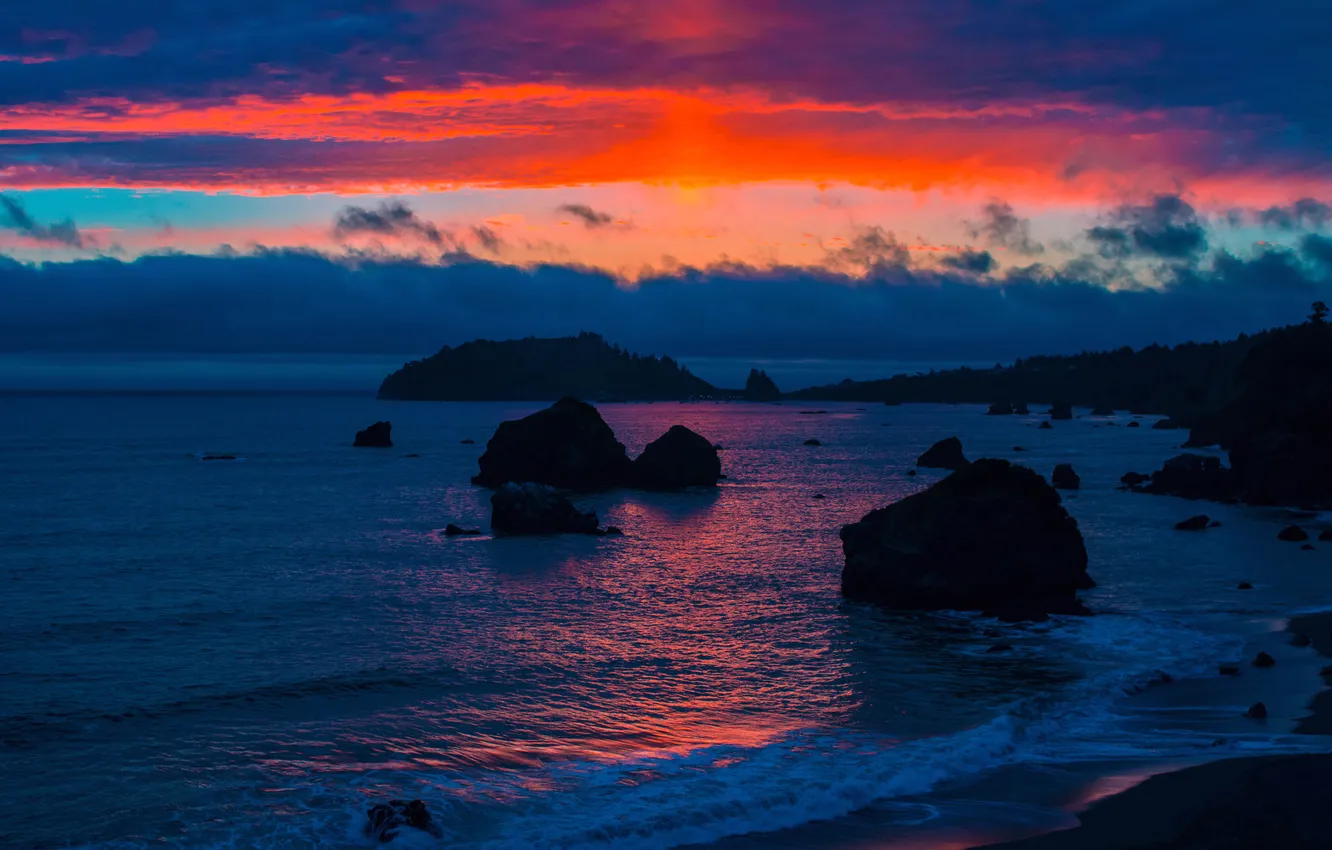 Photo wallpaper sea, the sky, clouds, sunset, clouds, stones, rocks, the evening