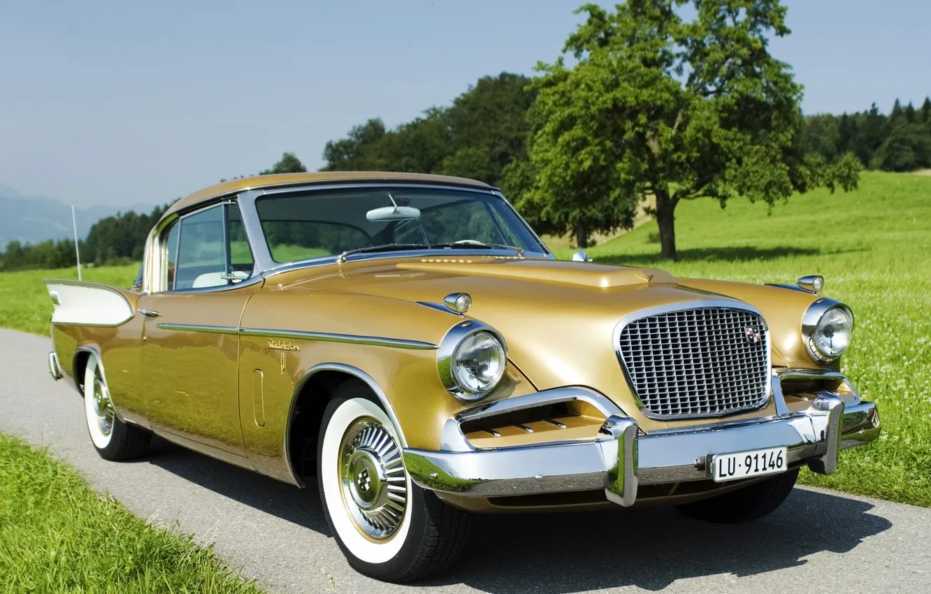 Photo wallpaper road, the sky, grass, trees, classic, the front, 1957, Studebaker