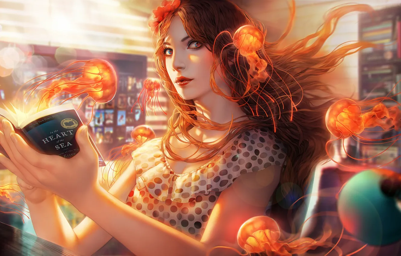 Photo wallpaper look, girl, art, jellyfish, book
