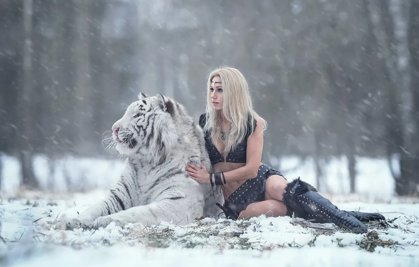 Photo wallpaper girl, snow, tiger, Irina Pirogova, Daria Lefler