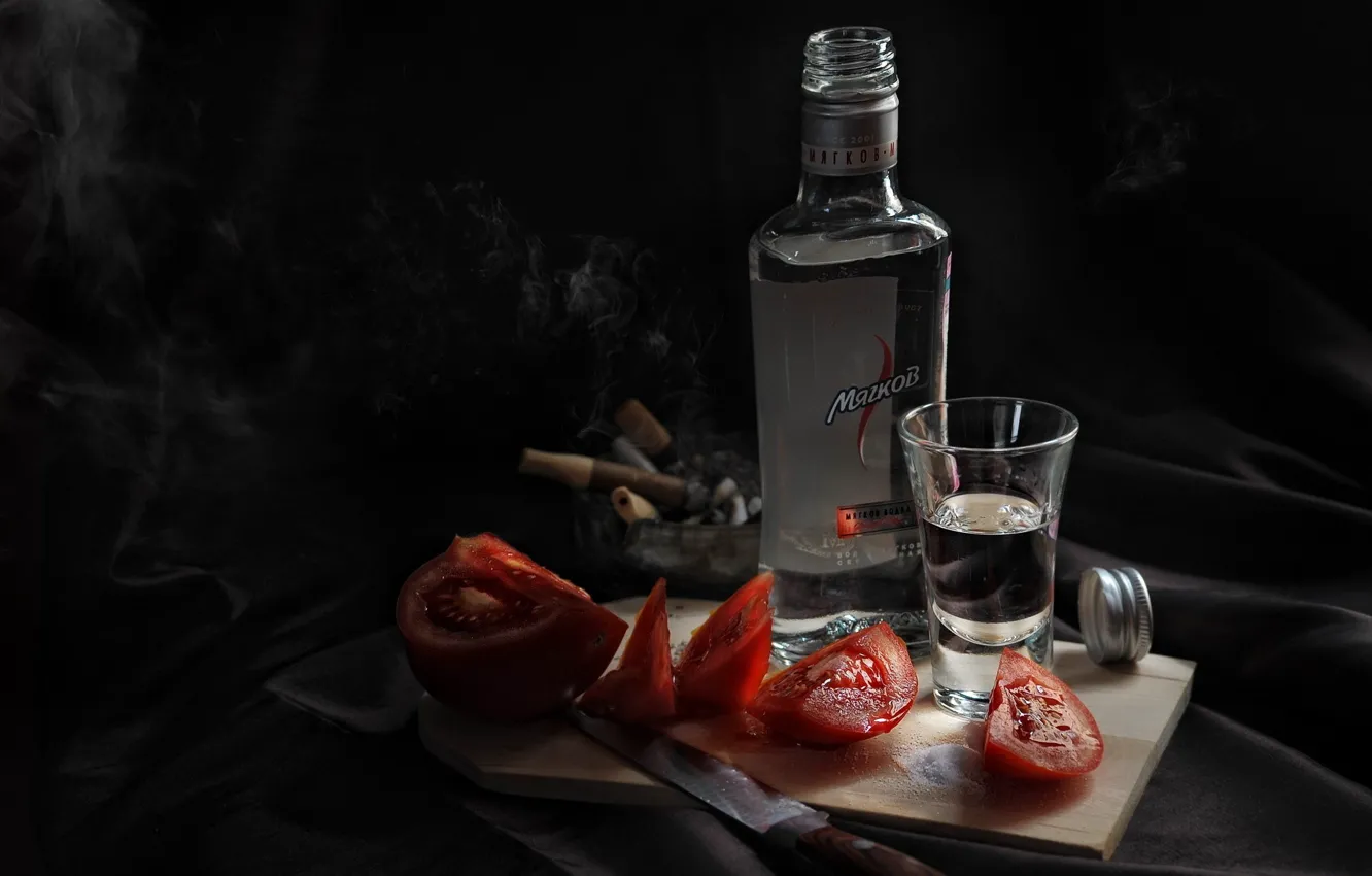 Photo wallpaper knife, Board, vodka, tomatoes, glass