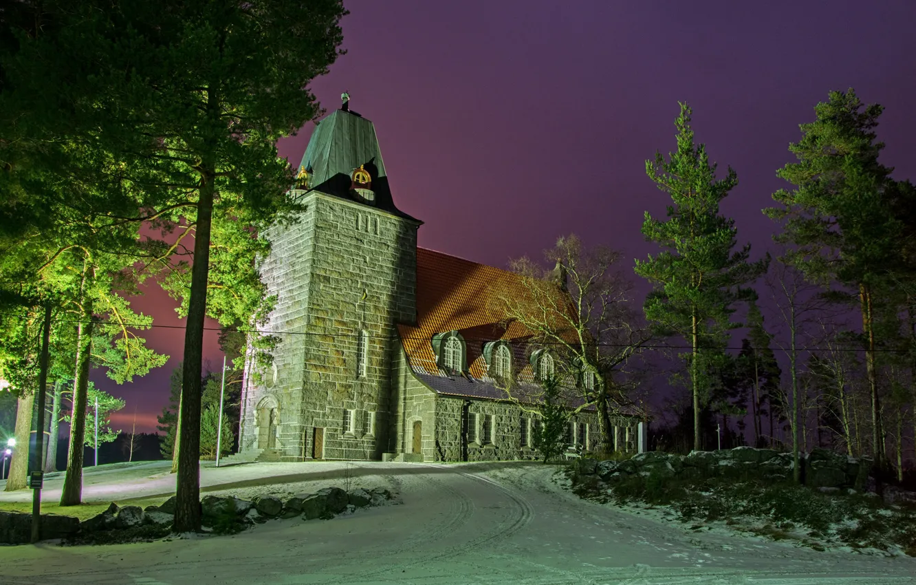 Photo wallpaper winter, trees, Church, Finland, Finland, To sastamal, Karkku