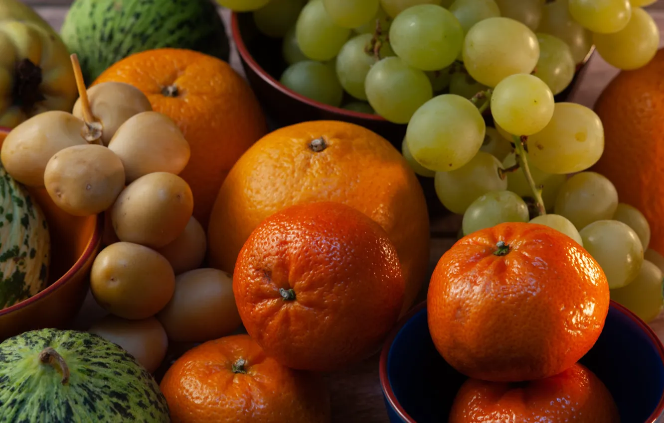 Photo wallpaper table, orange, grapes, bowl, fruit, different, a lot, fresh
