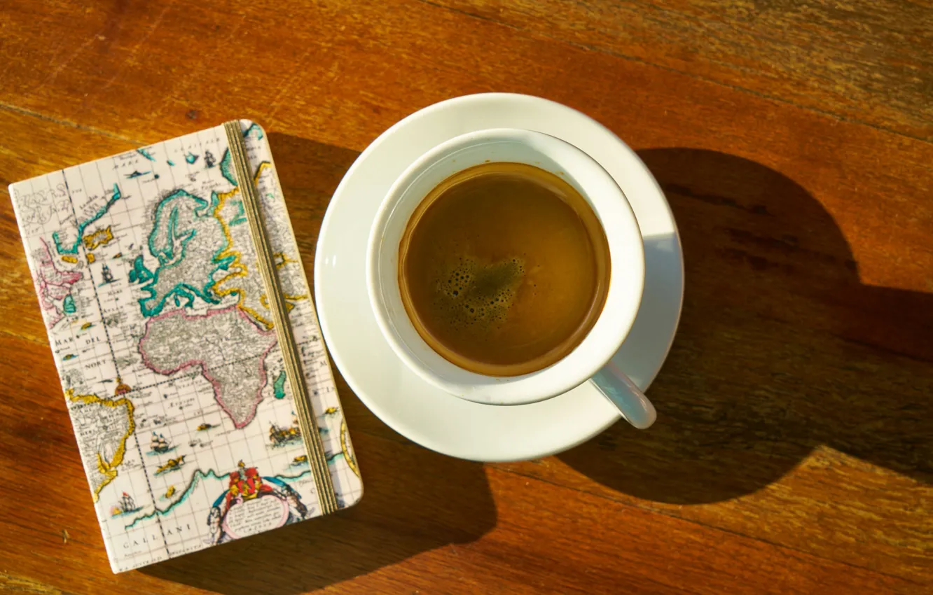 Photo wallpaper coffee, Cup, Notepad, journey