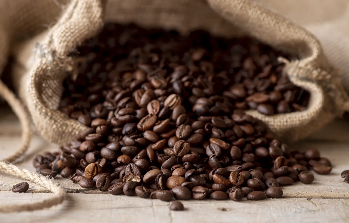 Photo wallpaper table, Board, coffee, placer, bag, a lot, coffee beans, bokeh