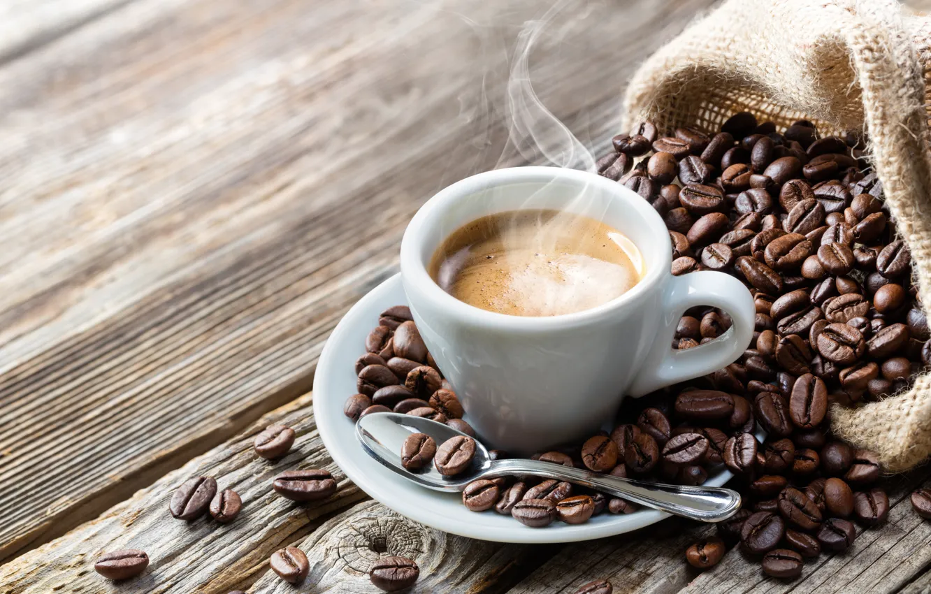 Photo wallpaper table, Board, coffee, hot, pair, spoon, mug, Cup