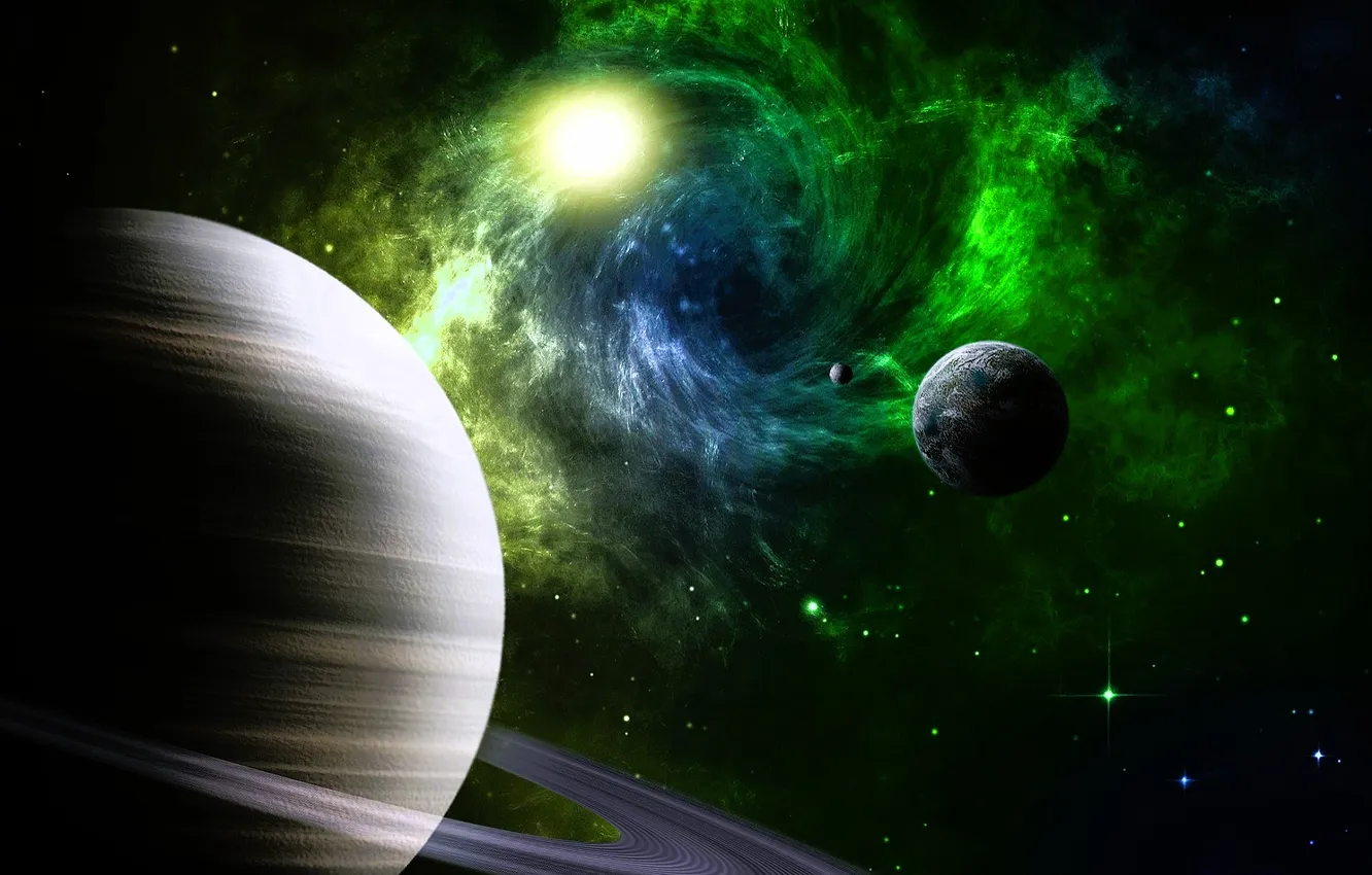 Photo wallpaper space, stars, nebula, planet, satellite, Saturn