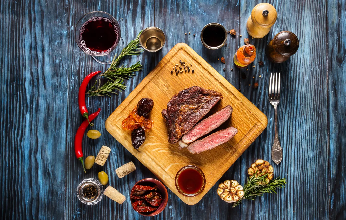 Photo wallpaper wine, meat, spices, meal