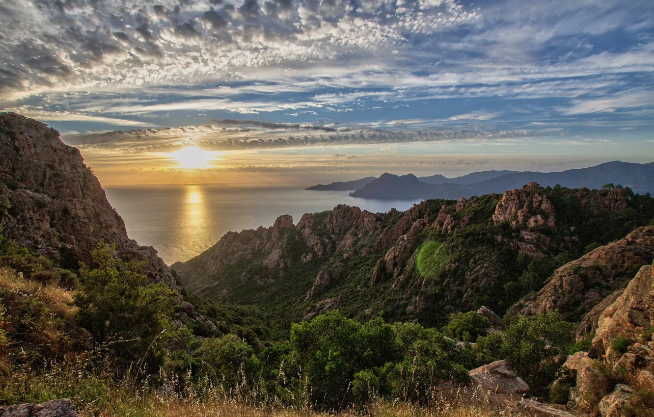 Photo wallpaper sunset, mountains, coast, France, France, Corsica, Corsica, Piana