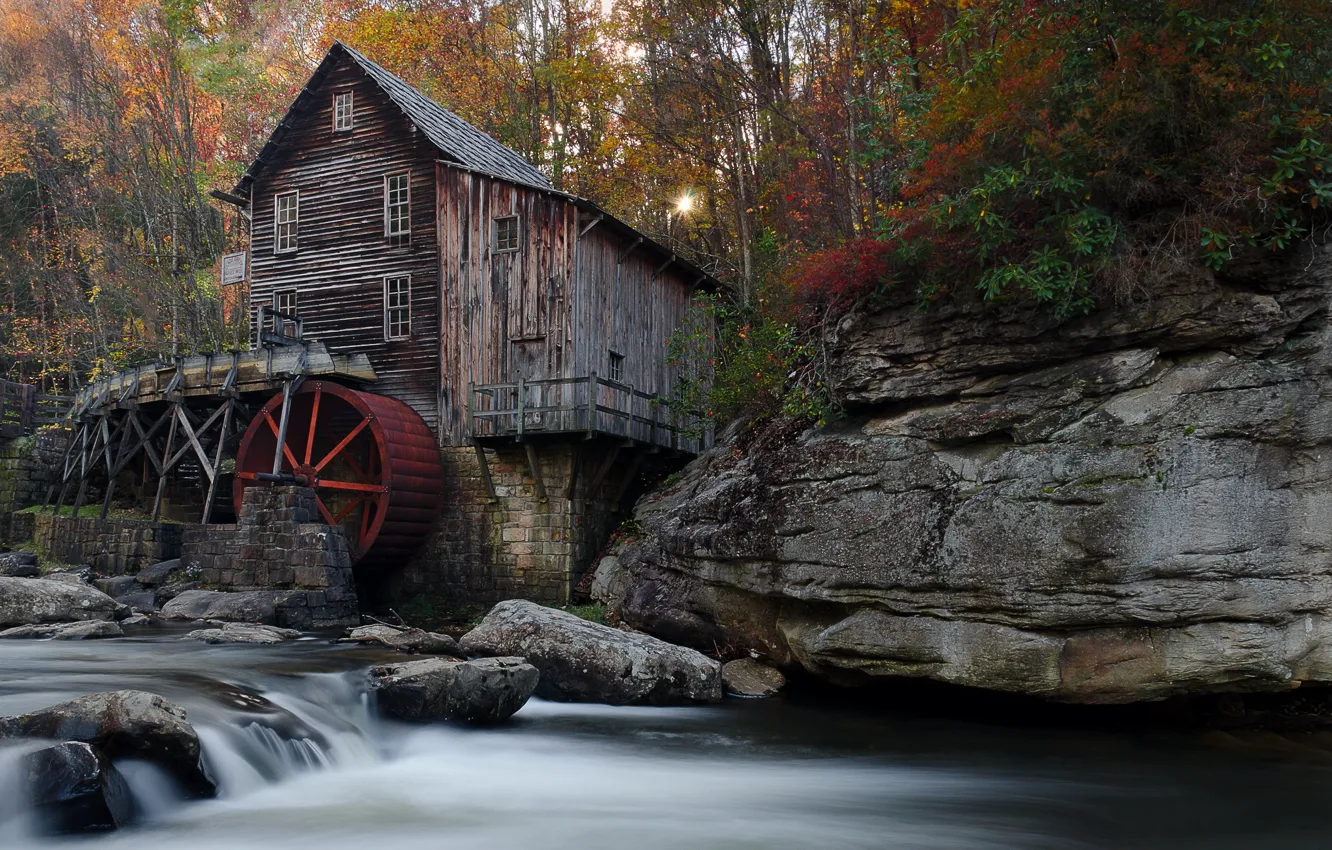 Photo wallpaper landscape, river, mill