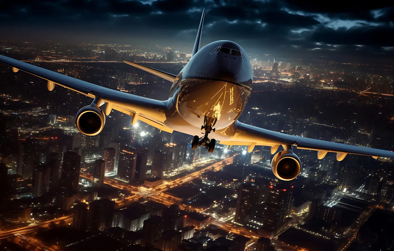 Photo wallpaper flight, night, the city, home, the plane, liner, the rise, digital art