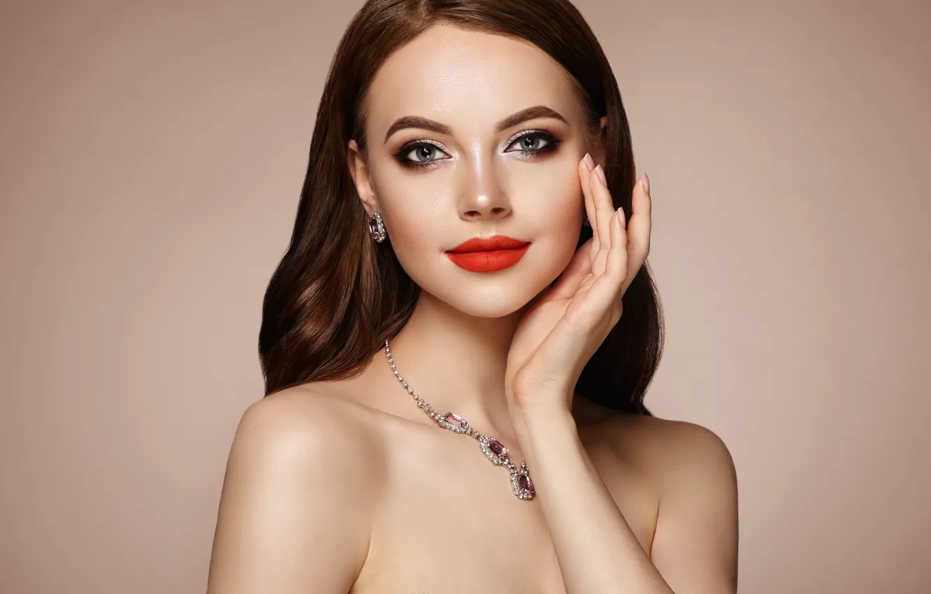 Photo wallpaper girl, model, makeup, brown hair, necklace, photo session, Oleg Gekman