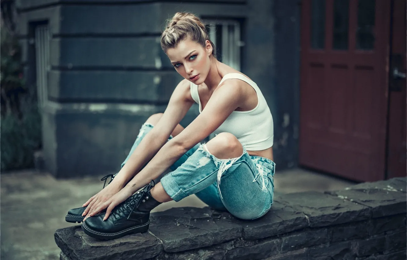 Photo wallpaper look, pose, model, portrait, jeans, makeup, shoes, Mike
