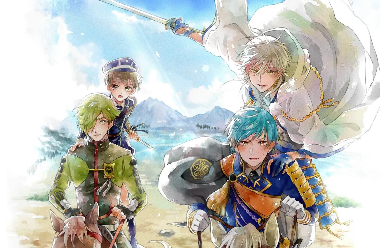 Photo wallpaper boy, gloves, guy, cloak, green hair, military uniform, blue sky, reasons