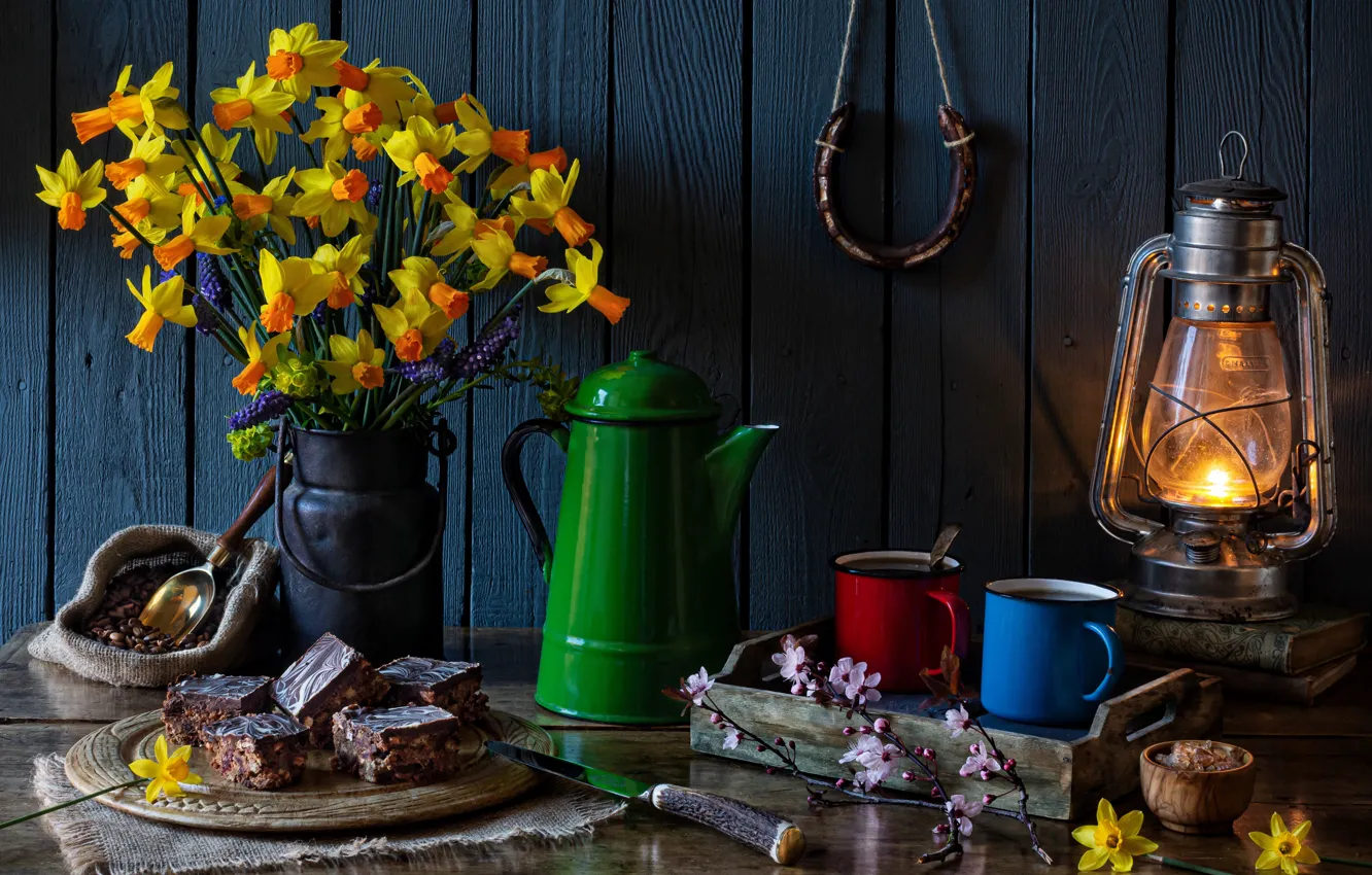 Photo wallpaper flowers, style, lamp, coffee, pie, knife, mugs, still life