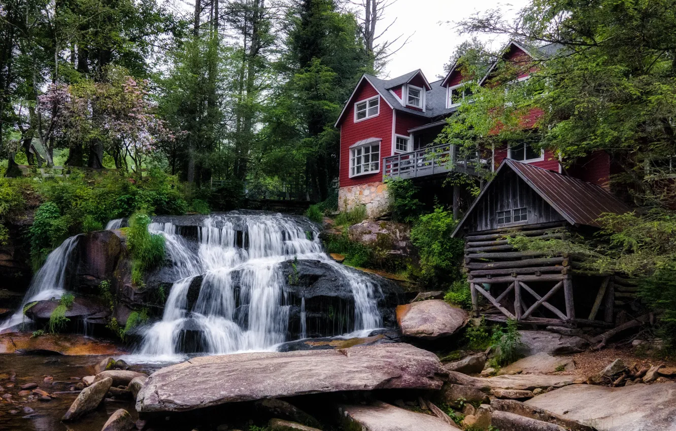 Photo wallpaper rocks, shore, waterfall, home, stream