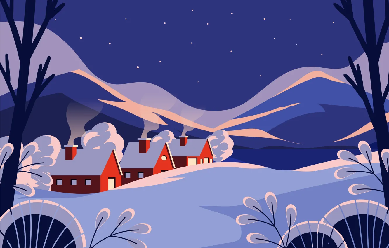 Photo wallpaper winter, stars, light, snow, trees, landscape, mountains, night