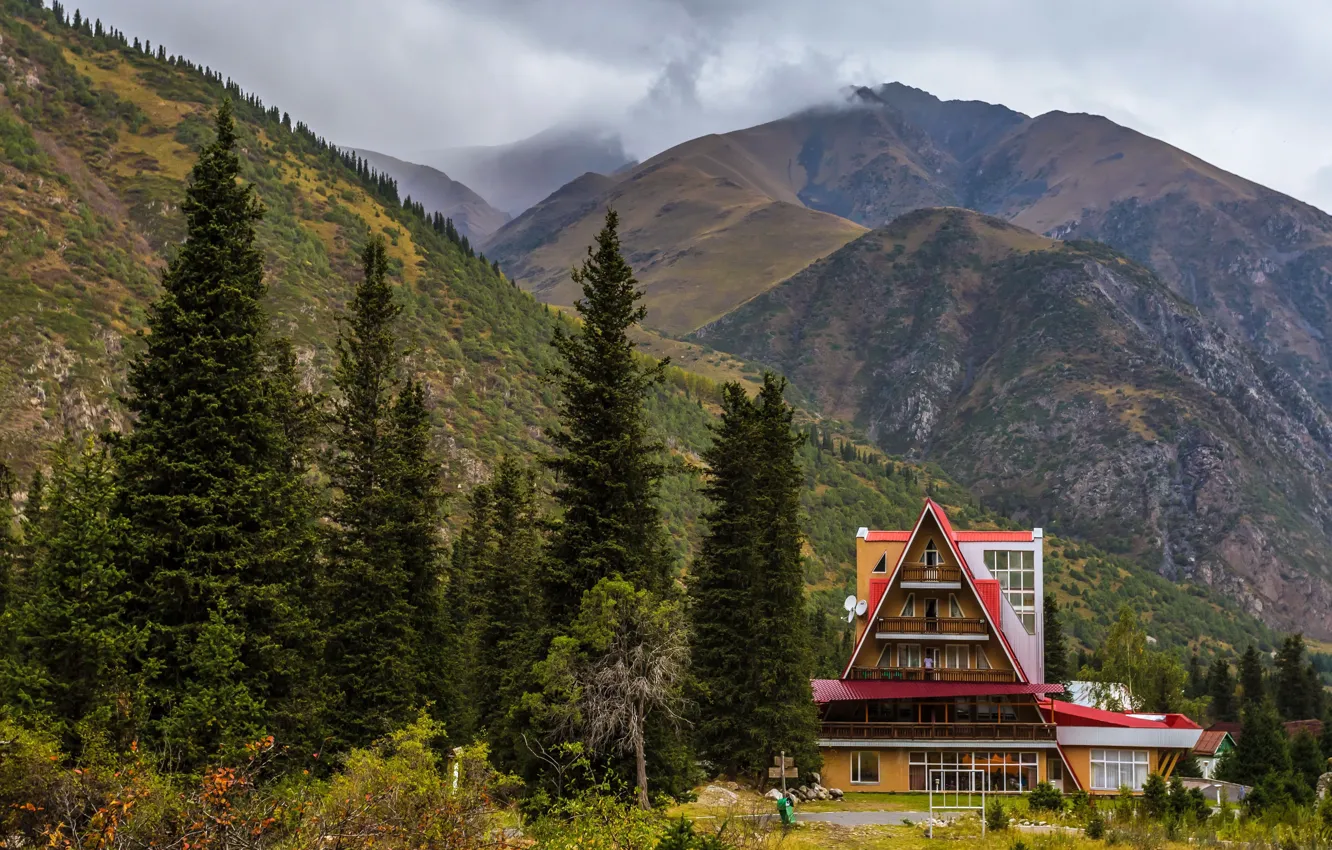 Photo wallpaper forest, clouds, trees, mountains, rocks, home, the hotel, Kyrgyzstan
