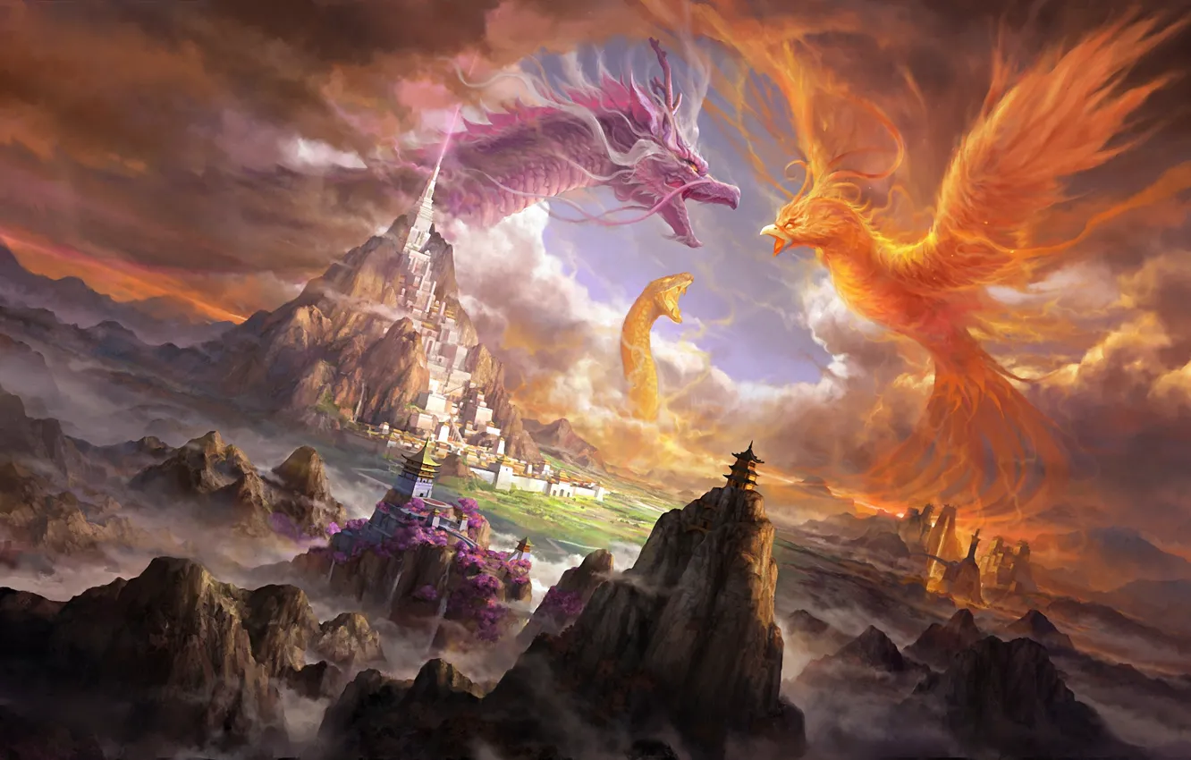 Photo wallpaper mountains, the city, lights, castle, rocks, dragon, snake, being