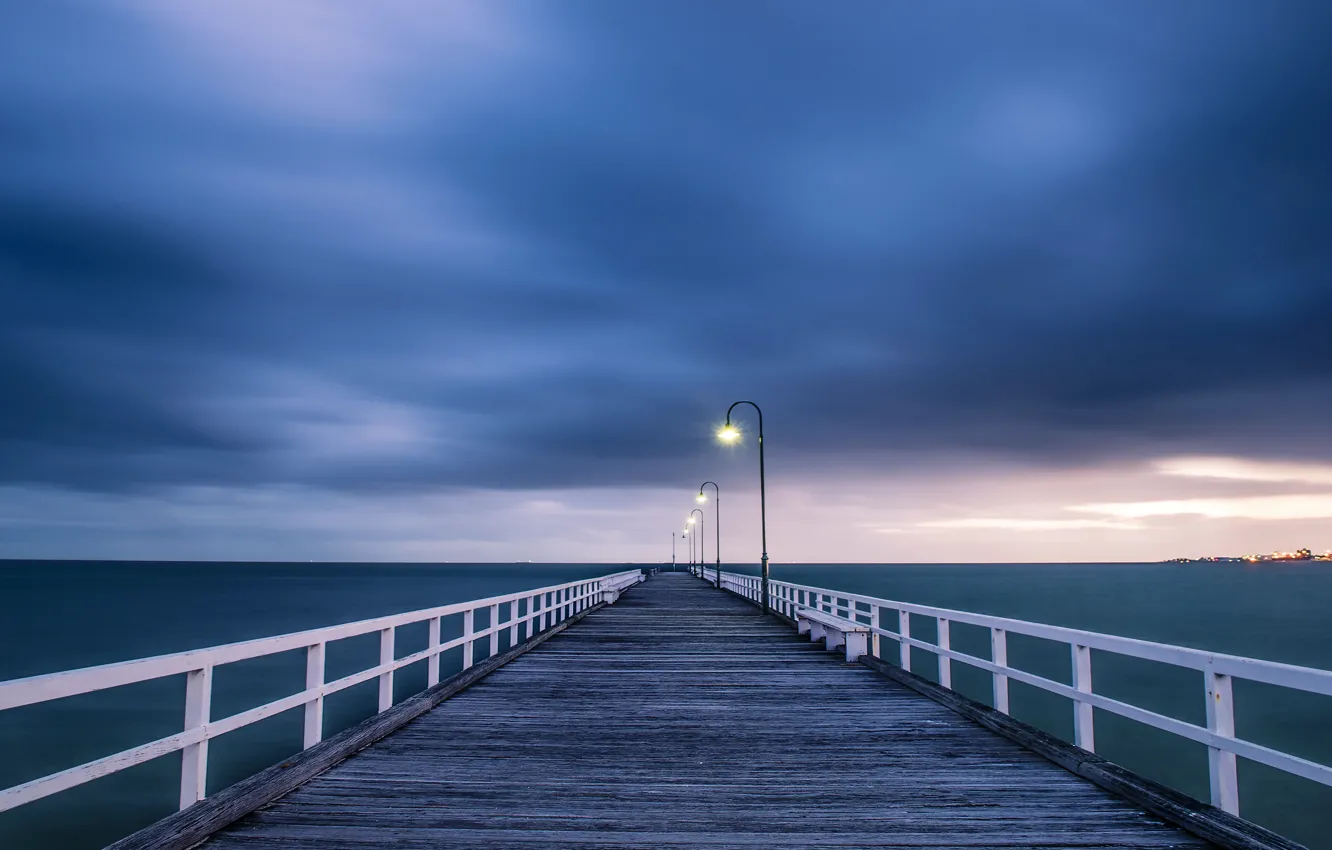 Photo wallpaper the storm, the sky, light, clouds, bridge, the ocean, Australia, lights