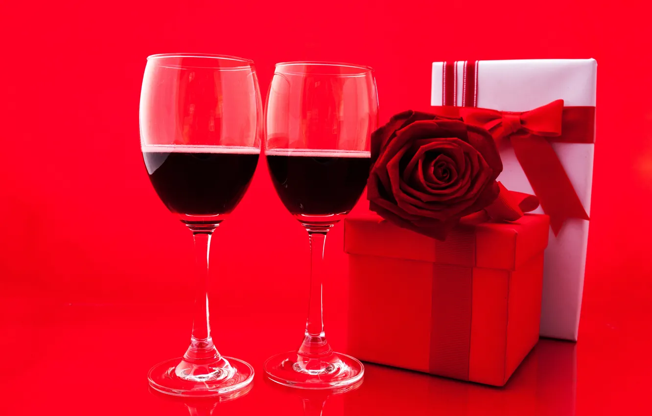 Photo wallpaper flowers, red, background, box, gift, wine, glass, roses