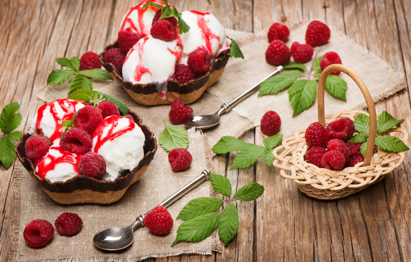 Photo wallpaper berries, raspberry, spoon, ice cream, leaves, dessert