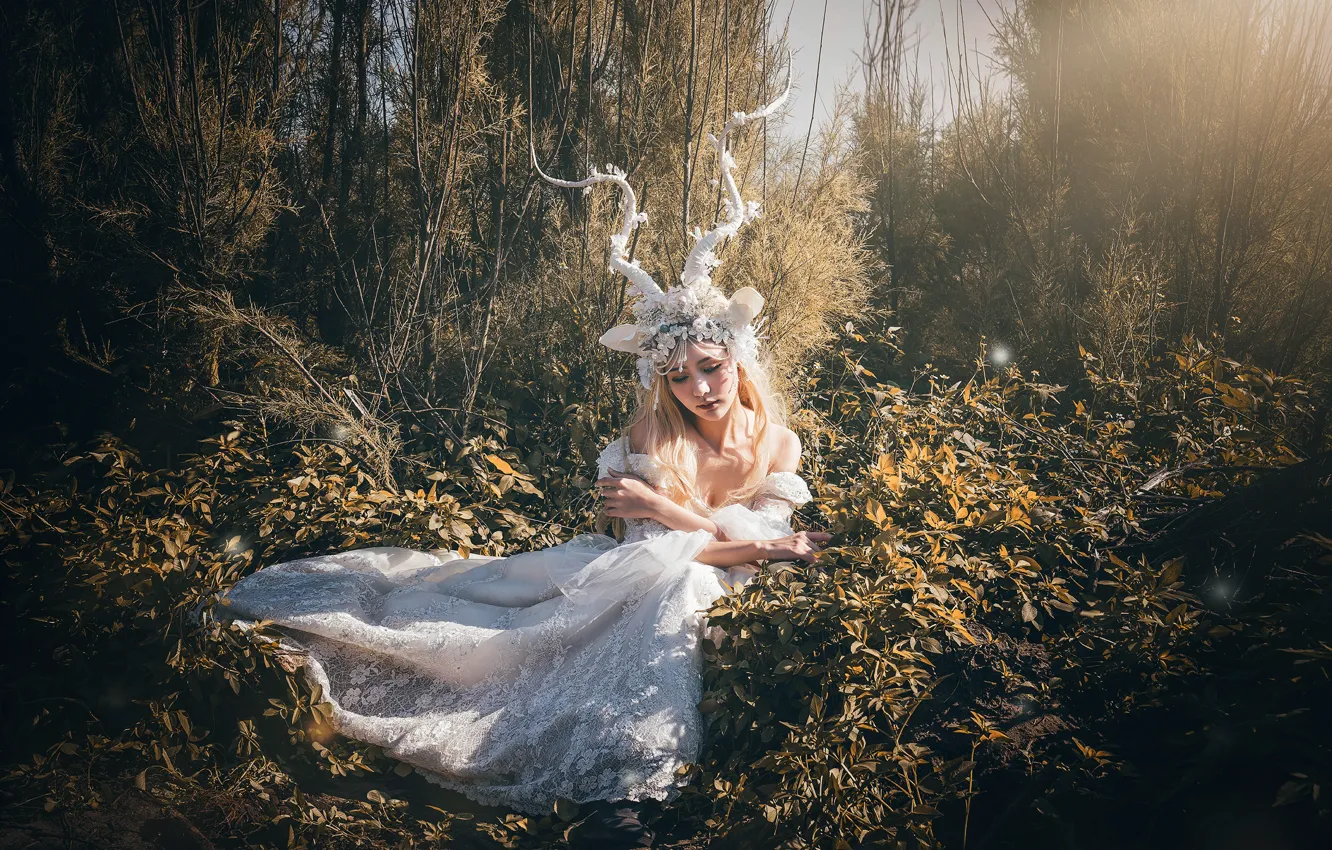 Photo wallpaper grass, leaves, girl, light, trees, branches, nature, face