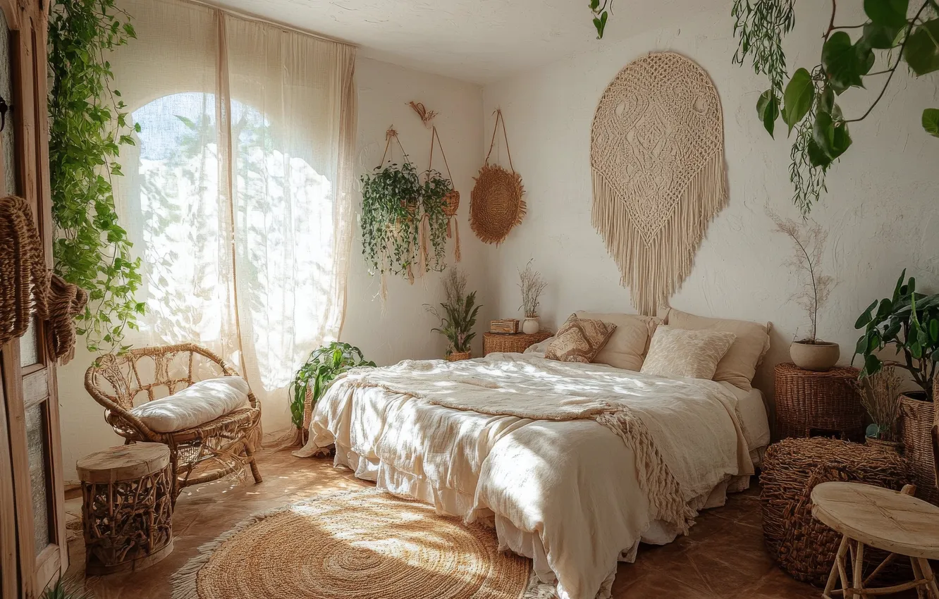 Photo wallpaper home, neural network, room, furniture, interior, style, bed, AI art