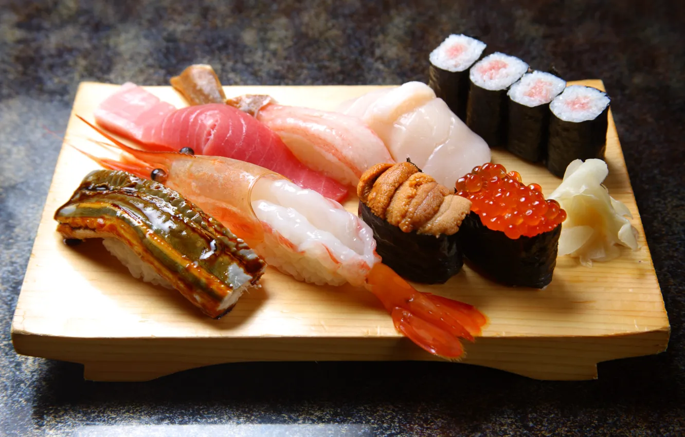 Photo wallpaper Board, fish, figure, sushi, rolls, shrimp, seafood, red caviar