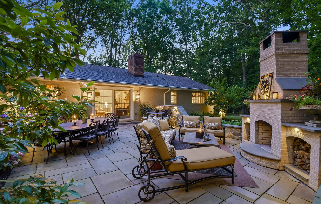 Photo wallpaper table, stay, chair, yard, wood, oven