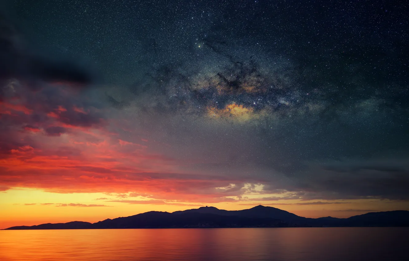 Photo wallpaper sea, stars, clouds, reflection, France, mirror, silhouette, twilight