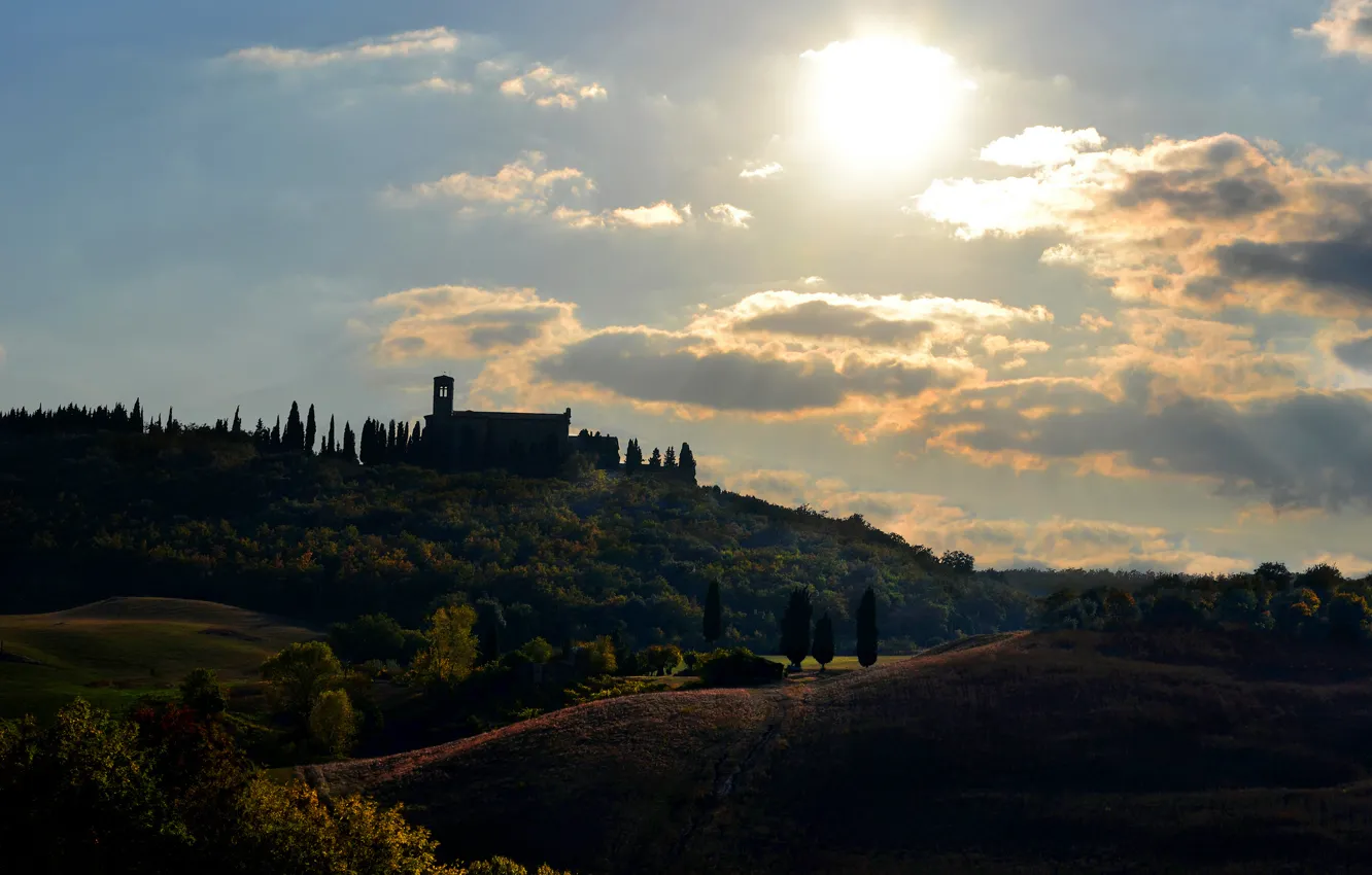 Photo wallpaper the sun, clouds, trees, house, Italy, Tuscany