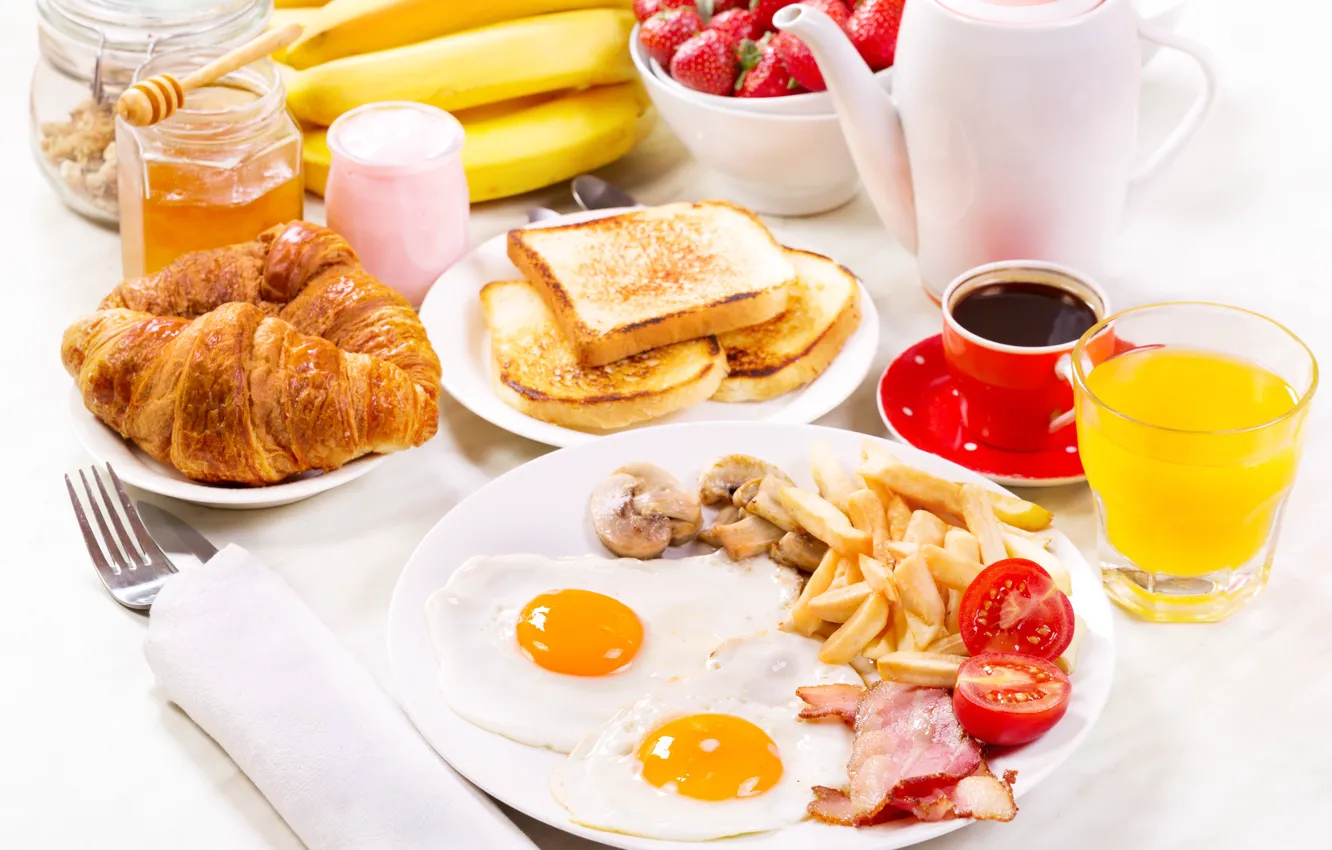 Photo wallpaper glass, coffee, food, Breakfast, juice, plate, bread, bananas