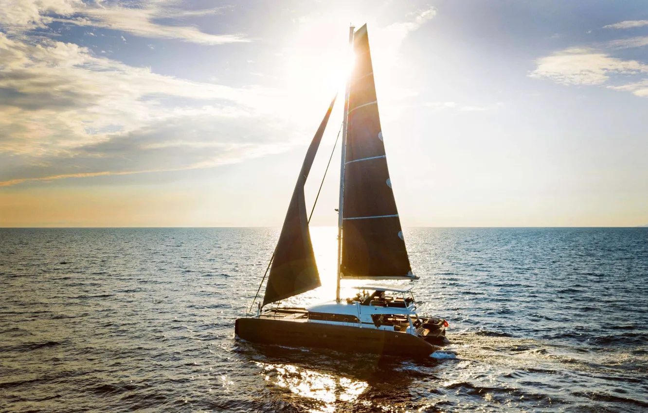Photo wallpaper sea, the sky, the sun, the way, movement, sail, catamaran, female cat