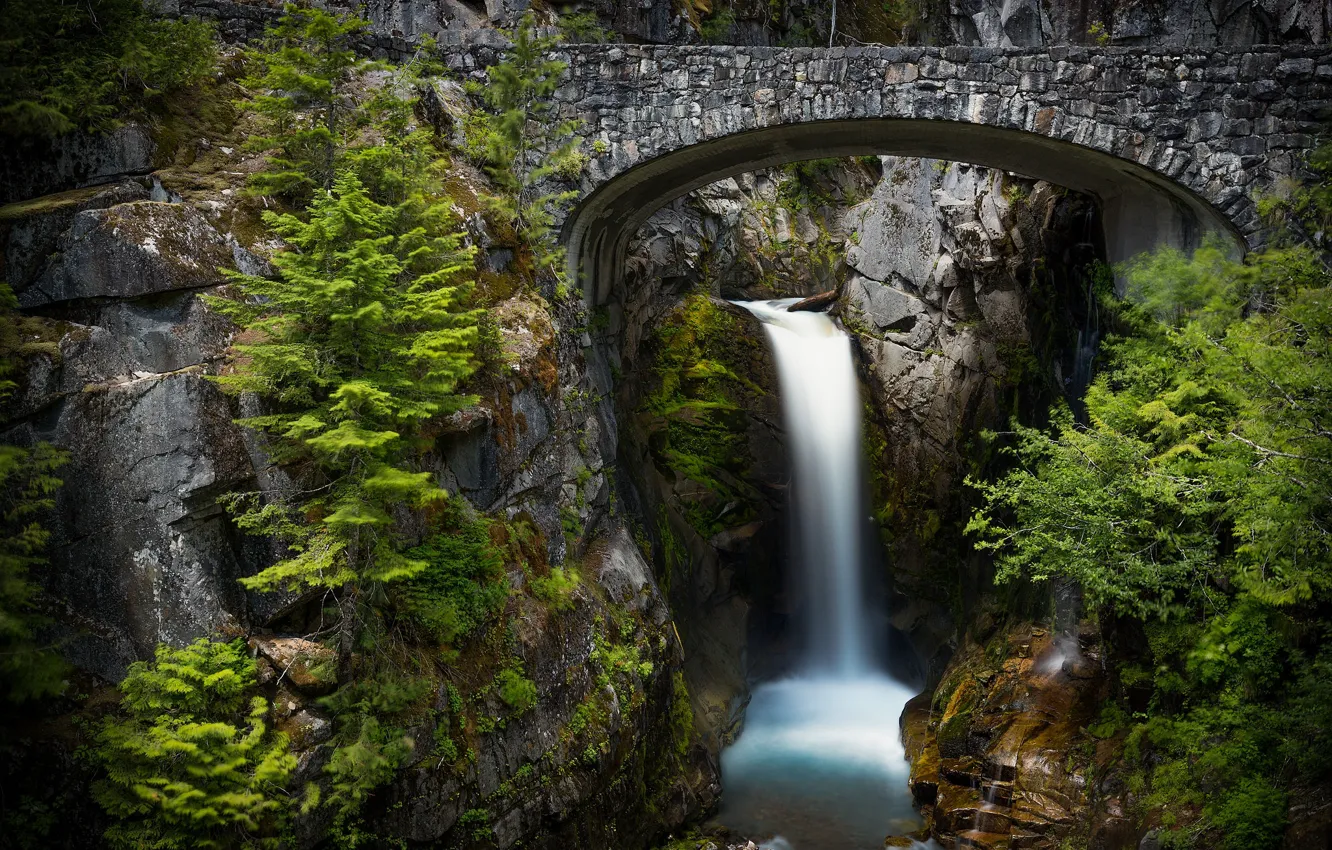 Photo wallpaper bridge, stones, waterfall