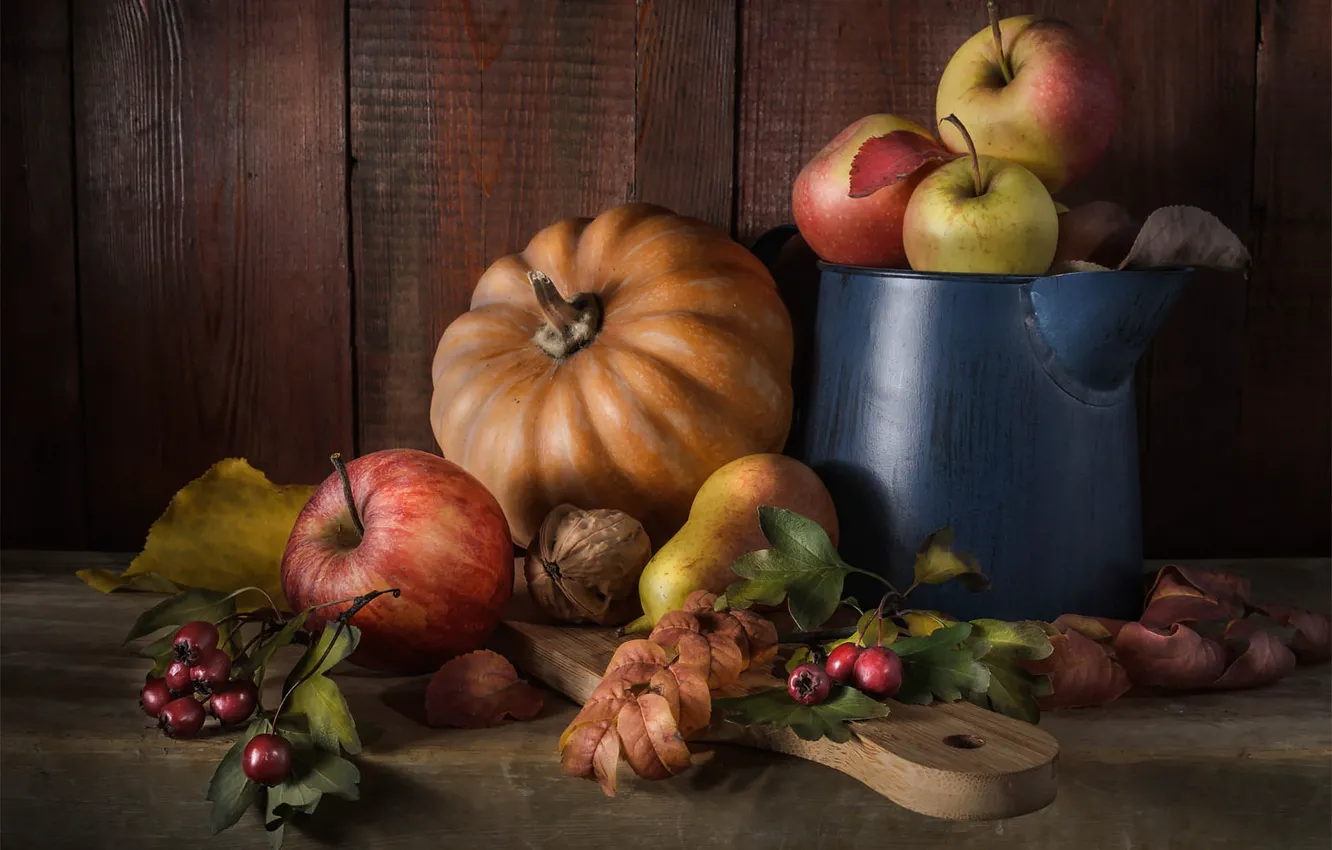 Photo wallpaper autumn, leaves, berries, table, apples, Board, fruit, pumpkin