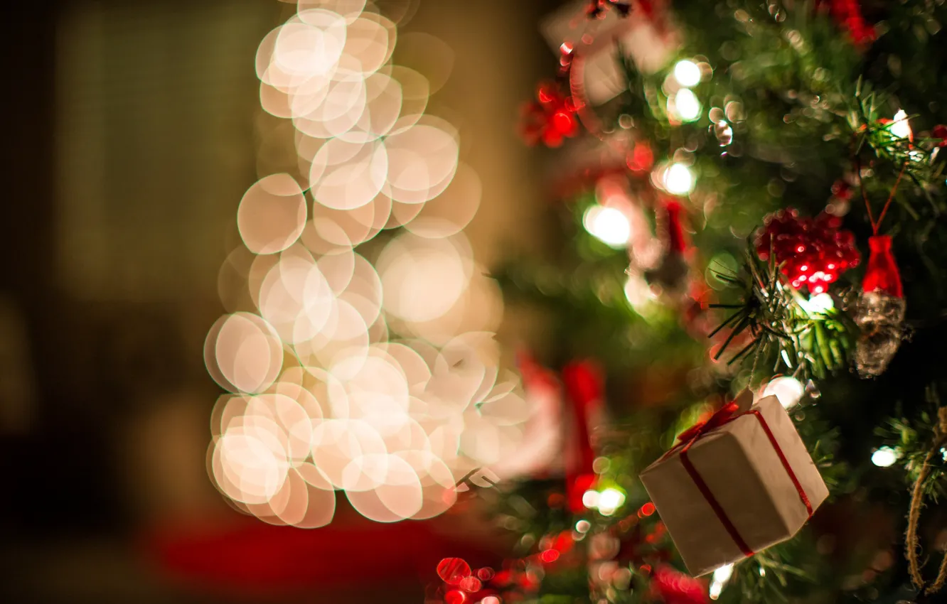 Photo wallpaper light, gift, tree, new year, Christmas, bokeh