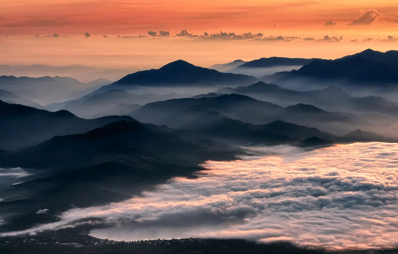 Photo wallpaper mountains, fog, dawn, Japan, lake Yamanaka