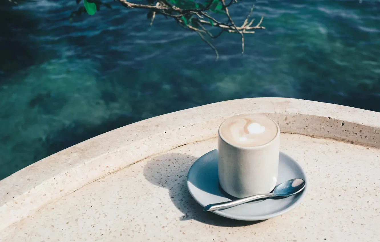 Photo wallpaper mood, coffee, Cup, saucer, latte, the water, Photo of Coffee Cup Near Body of Water