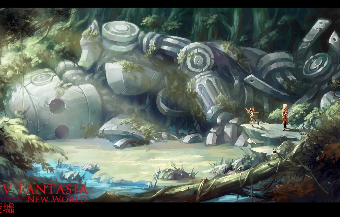 Photo wallpaper forest, stream, people, thickets, robot, ruins, Pixiv fantasia