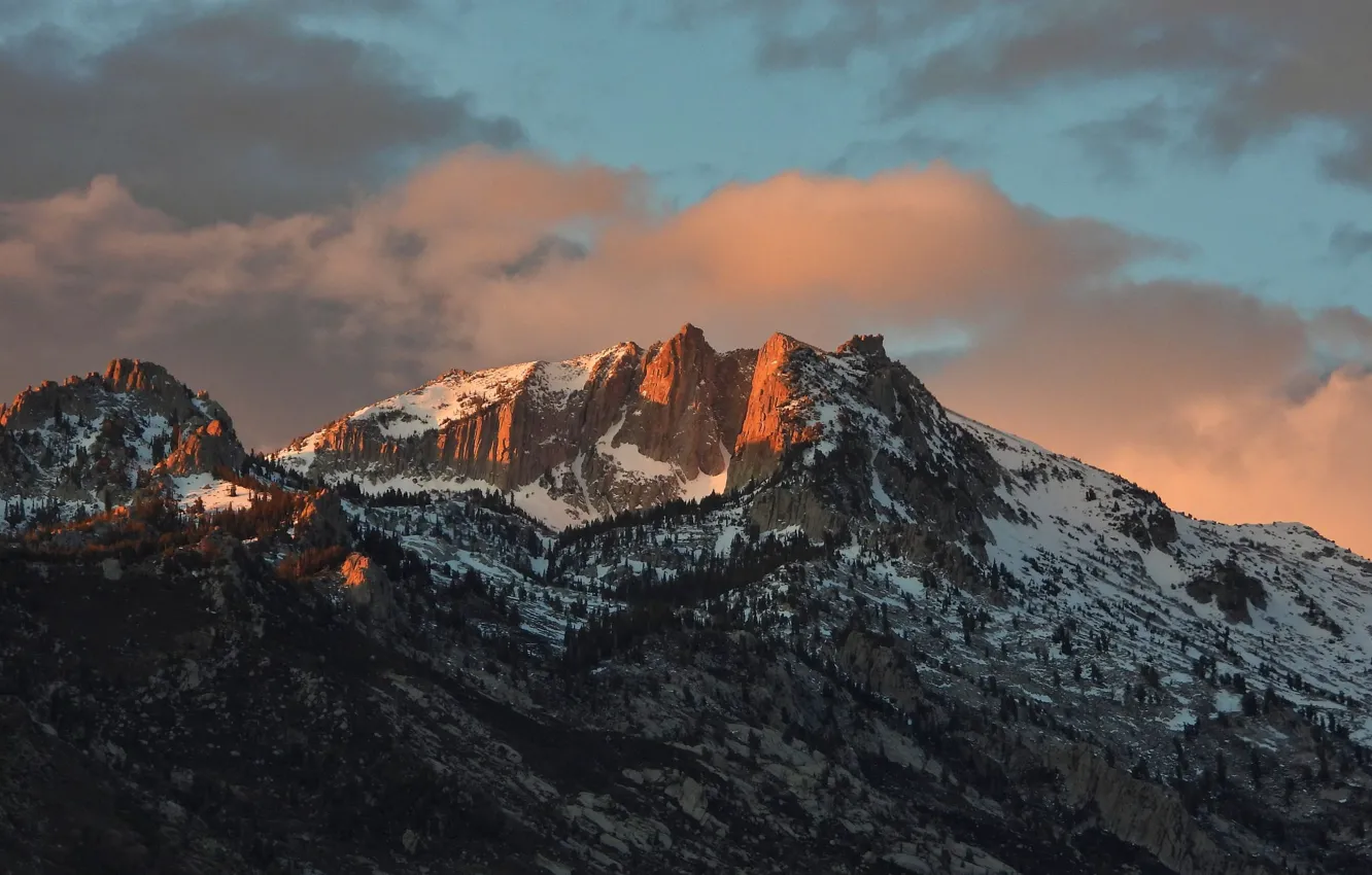 Photo wallpaper winter, the sky, clouds, snow, trees, mountains, nature, rocks