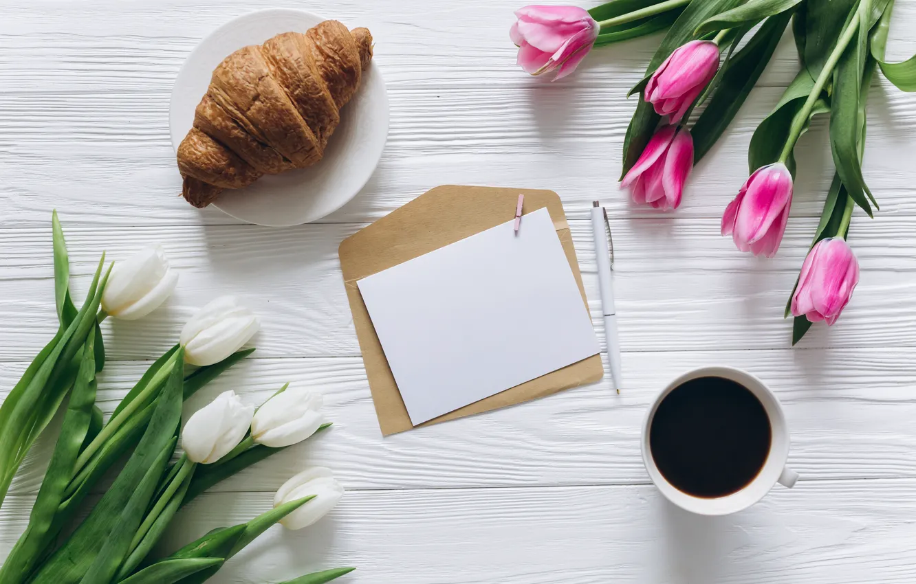 Photo wallpaper flowers, coffee, Breakfast, Cup, tulips, pink, white, heart