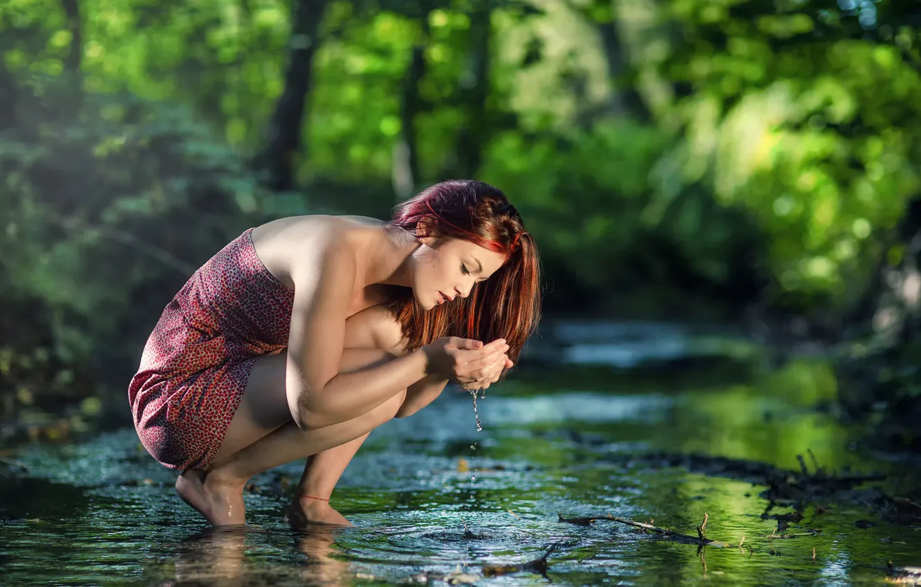Photo wallpaper water, girl, nature, reflection, stream, for