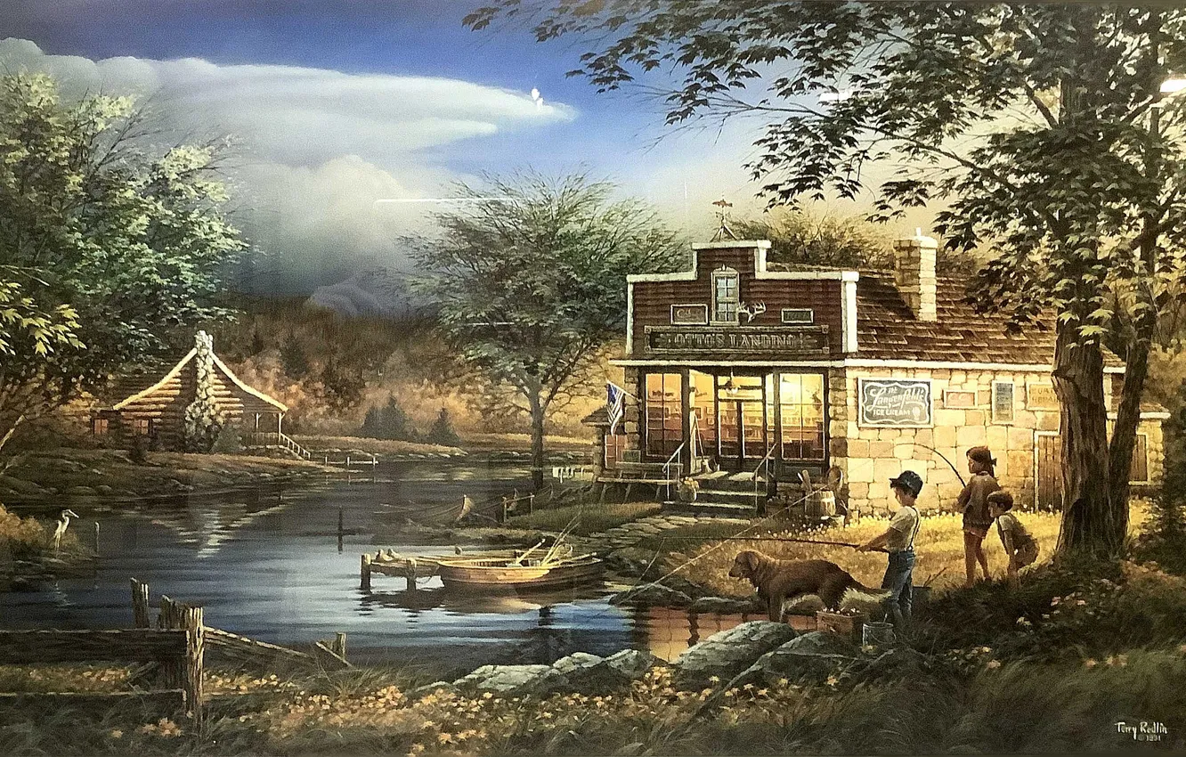 Photo wallpaper summer, trees, children, fishing, home, picture, river, Terry Redlin